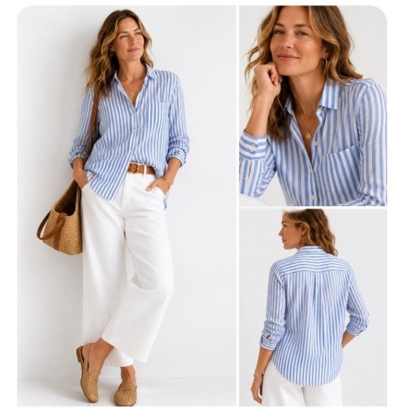 J. Crew Tops - J. Crew Button Down Women 12 Blue Boy Fit Striped Cotton Blend A5401 Long Sleeve